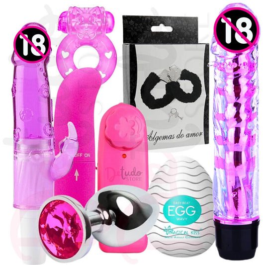 Kit 8 Itens Com Vibrador Feminino, Plug Anal, Masturbador Masculino, Anel Peniano, Algema